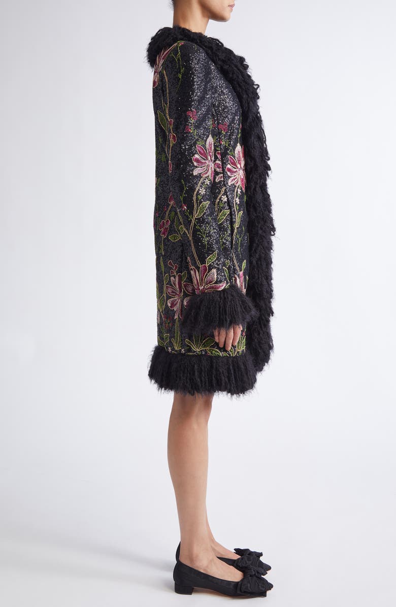 Giambattista Valli Sequin Floral Embroidered Coat with Faux Fur Trim, Alternate, color, Black Multi