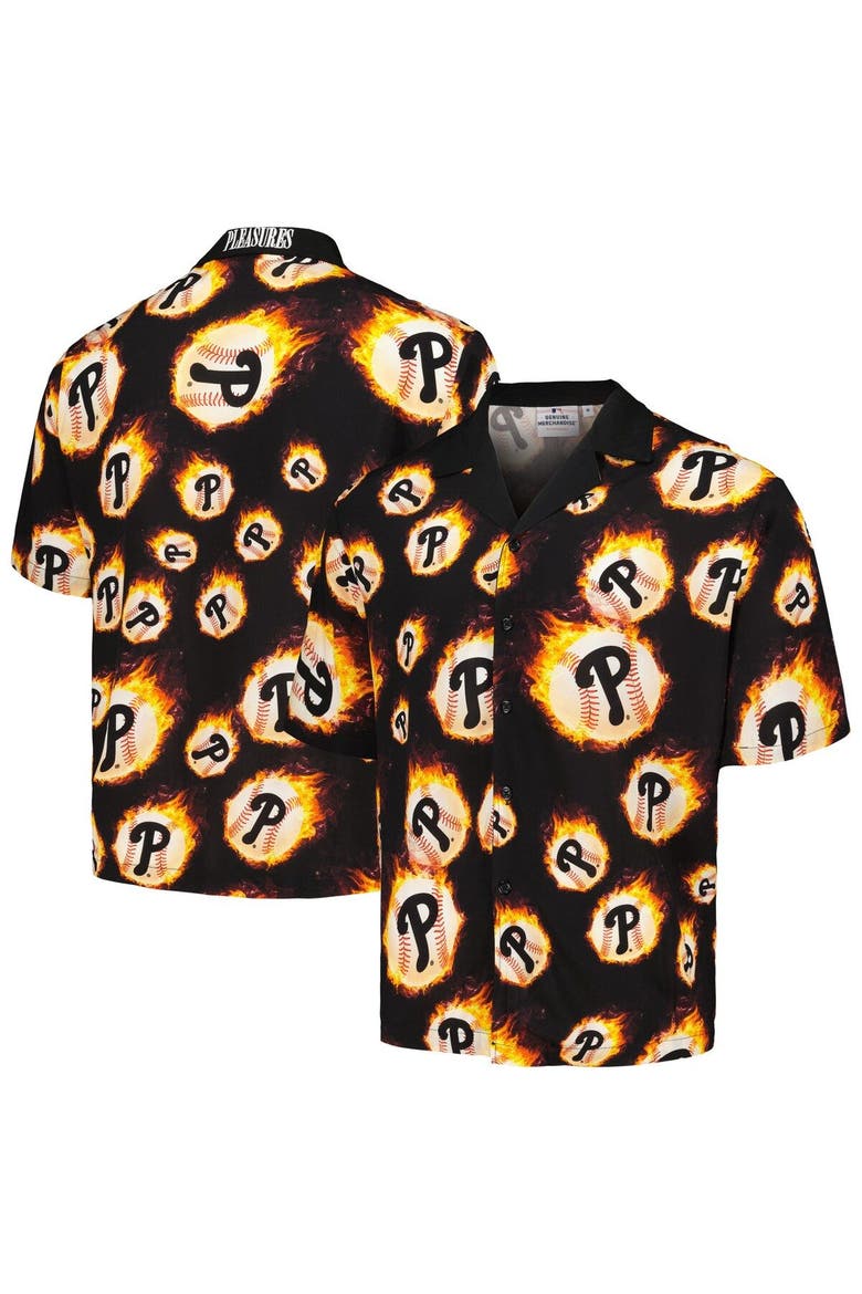 Men's PLEASURES  Black Philadelphia Phillies Flame Fireball Button-Up Shirt, Main, color, Black