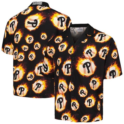 Men's PLEASURES  Black Philadelphia Phillies Flame Fireball Button-Up Shirt