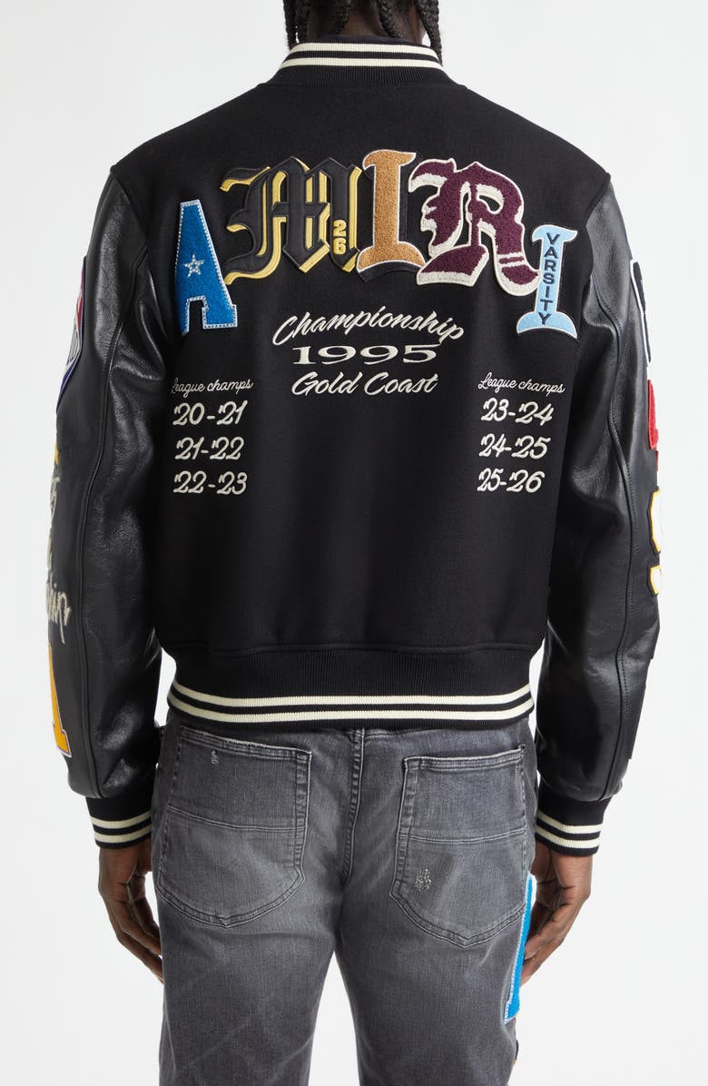 AMIRI Varsity Patch Wool Blend & Leather Jacket, Alternate, color, Black