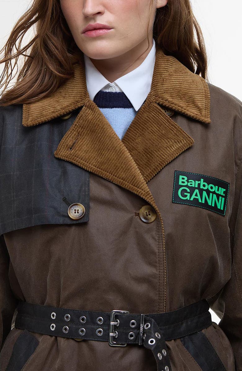 Barbour x Ganni Waxed Colorblock Trench Coat, Alternate, color,