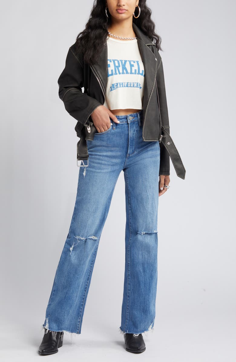 BLANKNYC Distressed Belted Faux Leather Moto Jacket, Main, color, 