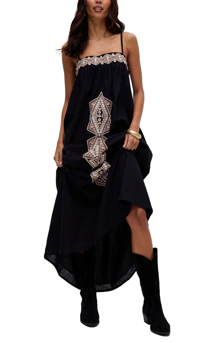 Raffya Sapphire Spaghetti Strap Embroidered Maxi Dress, Alternate, color, Black
