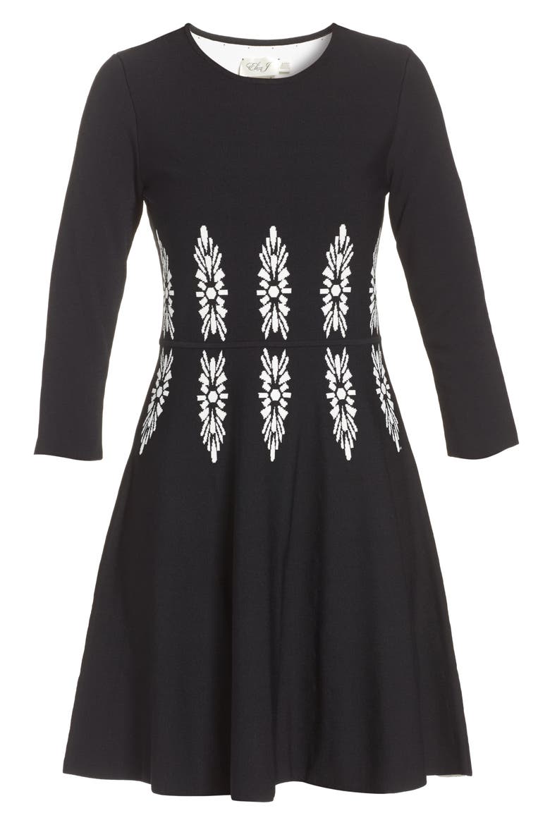 Three-Quarter Sleeve Fit & Flare Dress, Alternate, color, BLACK/ WHITE