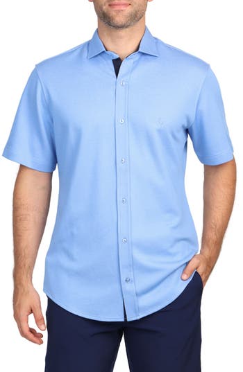 Tailorbyrd Solid Modal Blend Short Sleeve Shirt In Oxford Blue