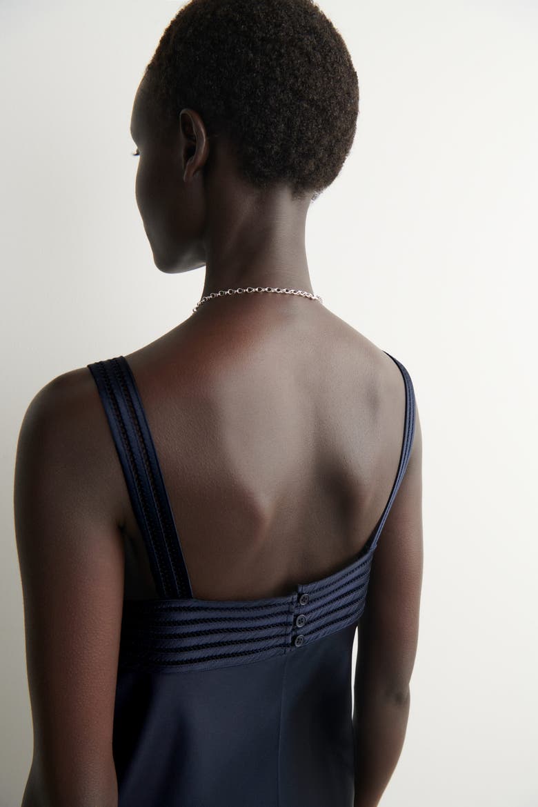 Open-stitch Satin Slip Dress, Alternate, color, NAVY