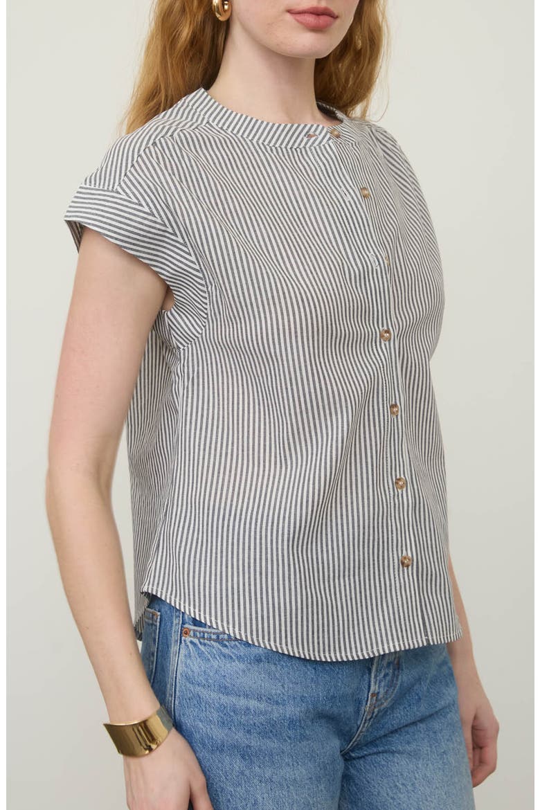 Stripe Cap Sleeve Button-Up Top, Alternate, color, BLACK
