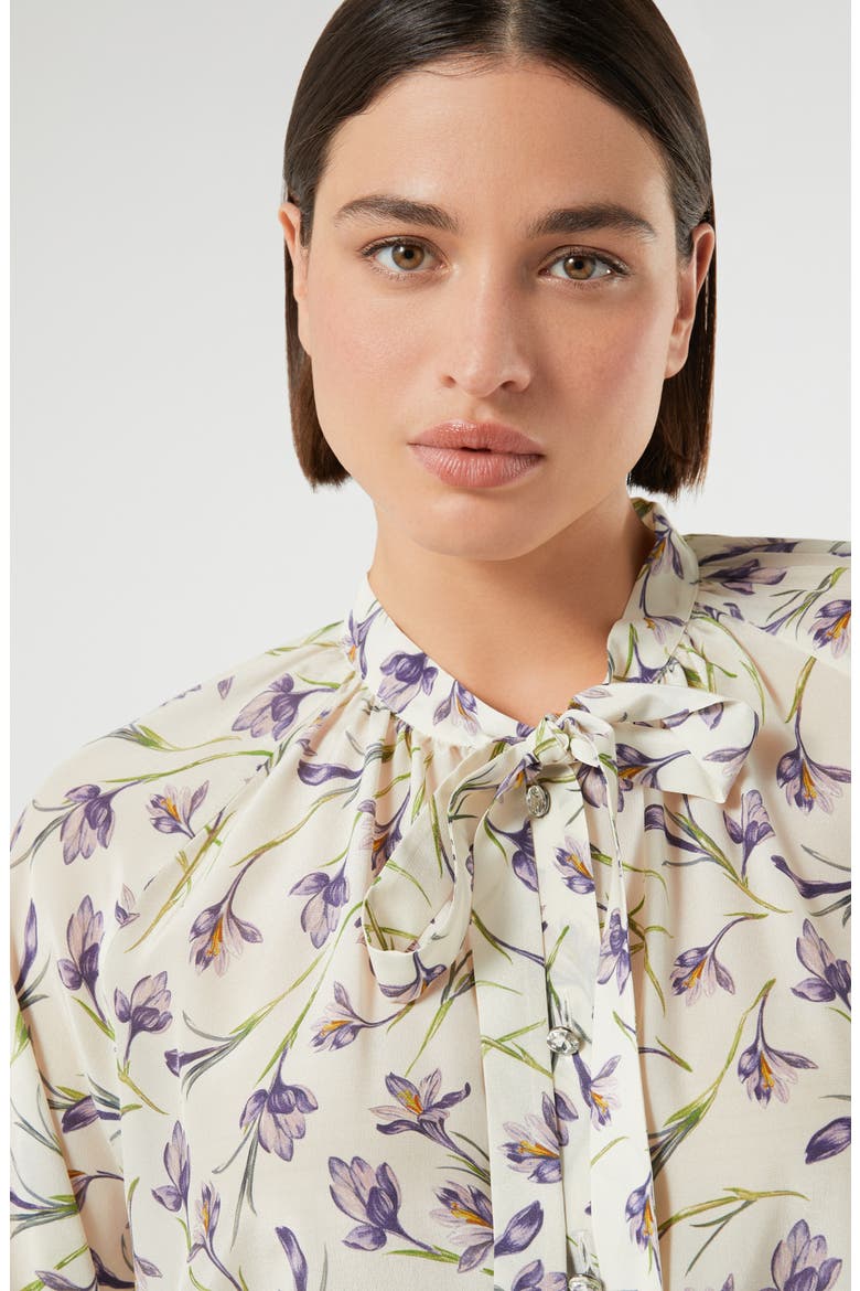 Tie Neck Silk Crêpe de Chine Button-Up Shirt, Alternate, color, IVORY