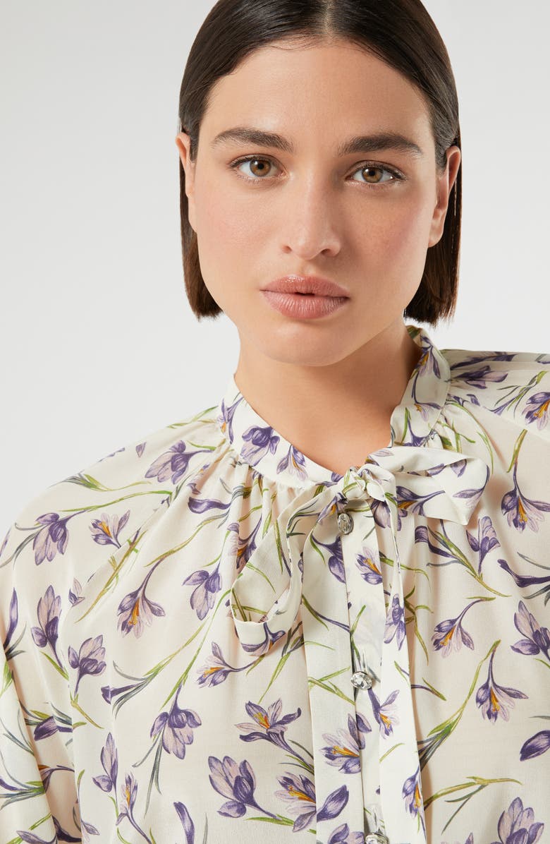 Marina Rinaldi Tie Neck Silk Crêpe de Chine Button-Up Shirt, Alternate, color, Ivory