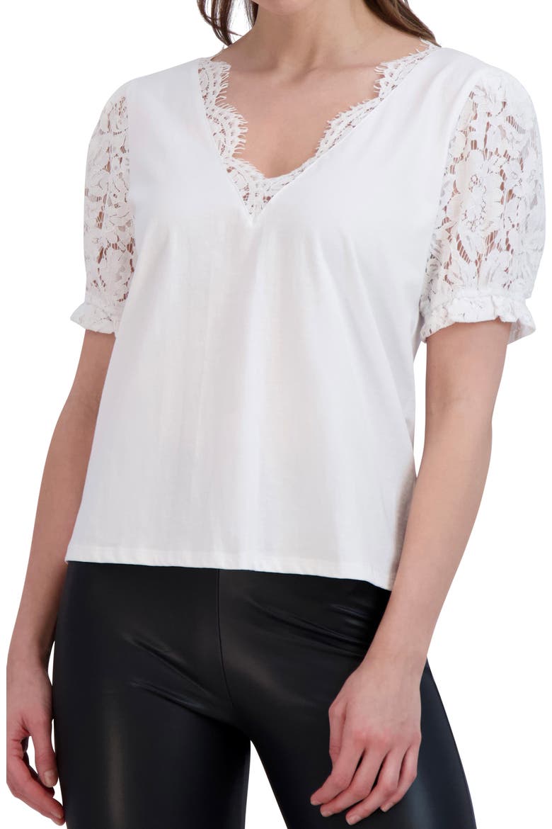 Lace Trim V-Neck Puff Sleeve Top, Main, color, WHITE