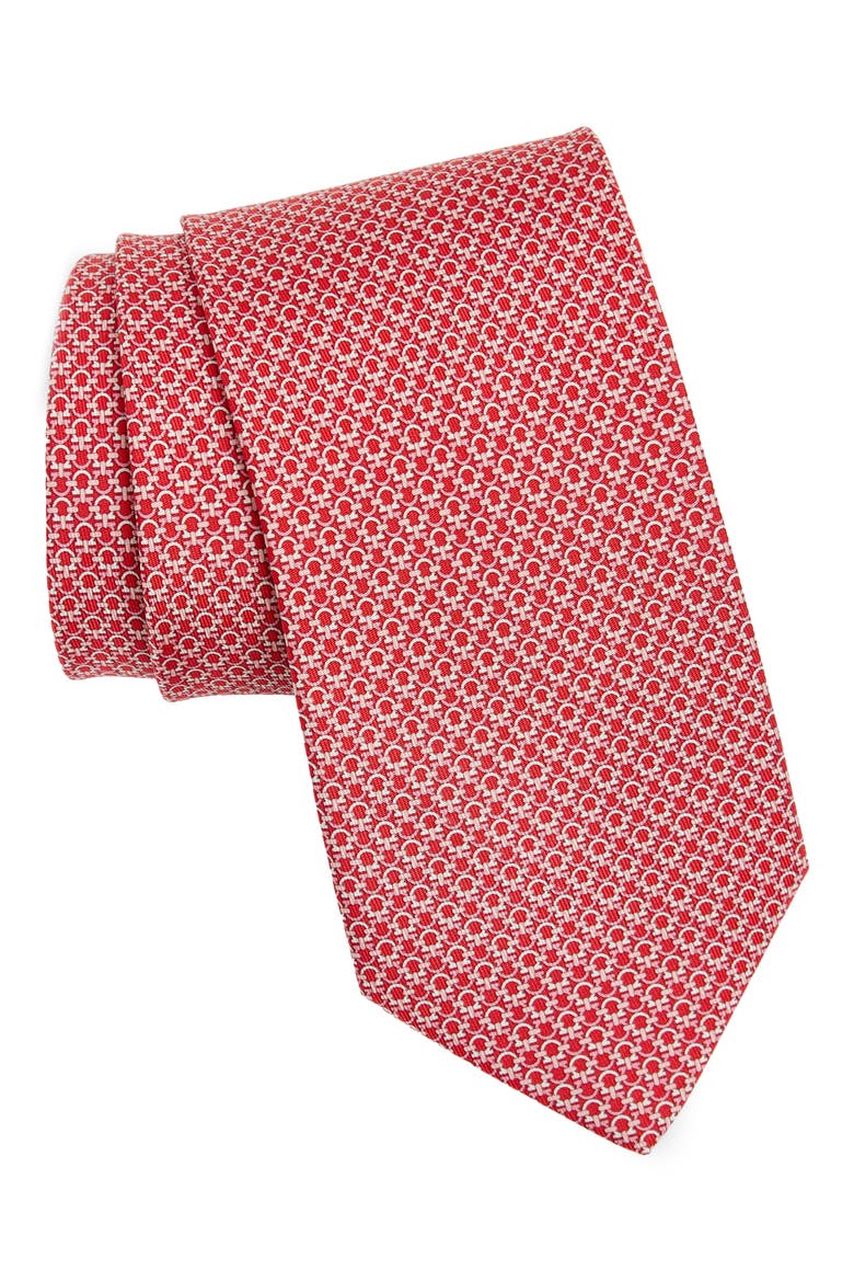 Gancini Print Silk Tie, Main, color, F.ROSSO/ ROSA