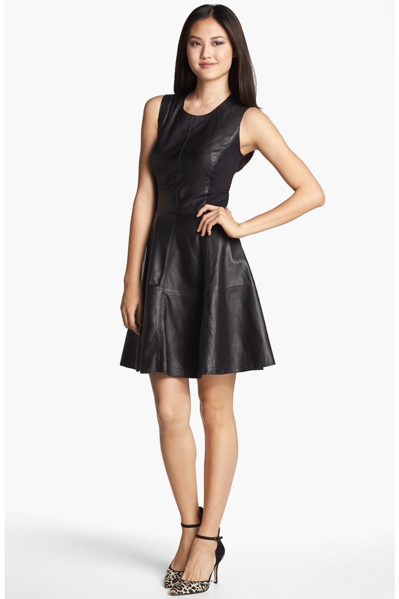 Back Zip Leather & Ponte Dress, Main, color, BLACK
