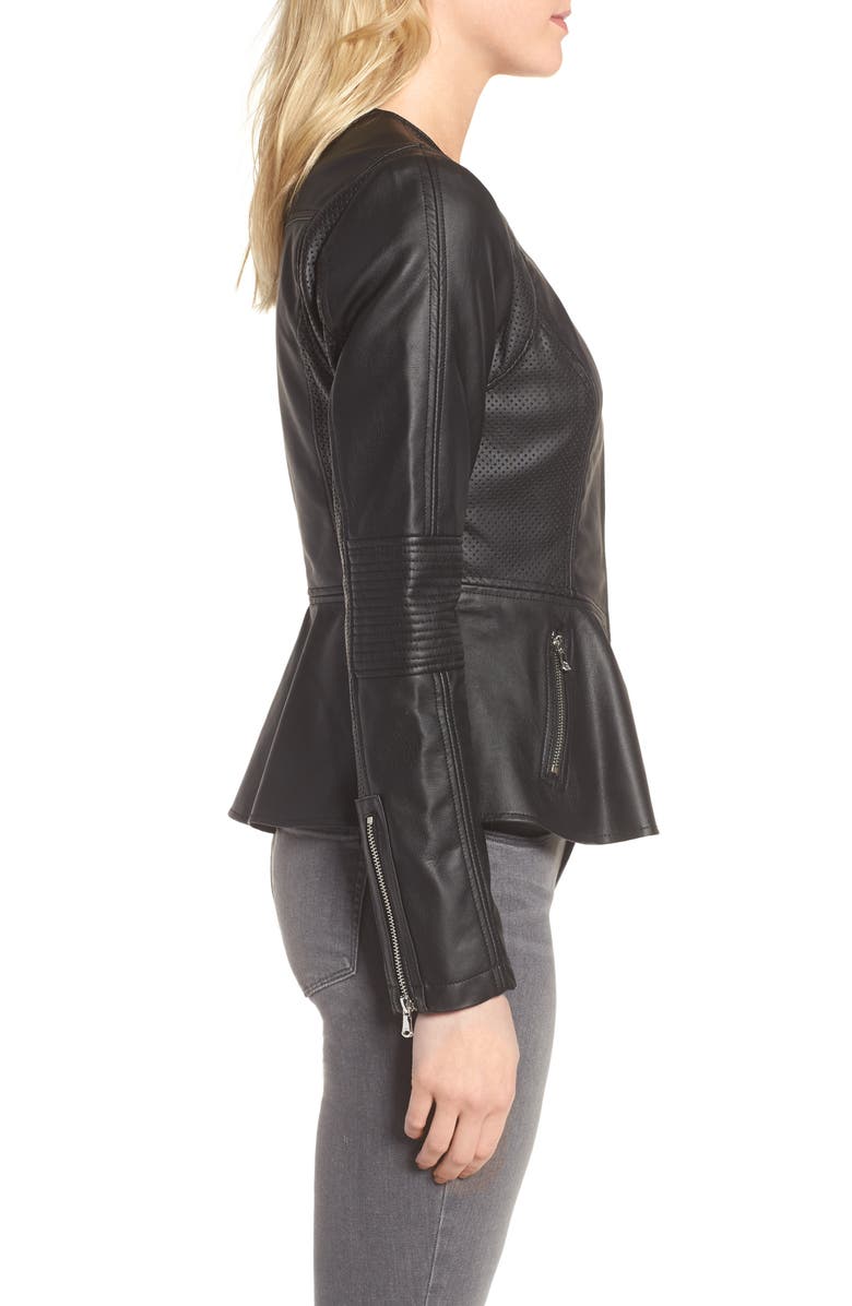 GUESS Perforated Peplum Hem Faux Leather Jacket, Alternate, color,