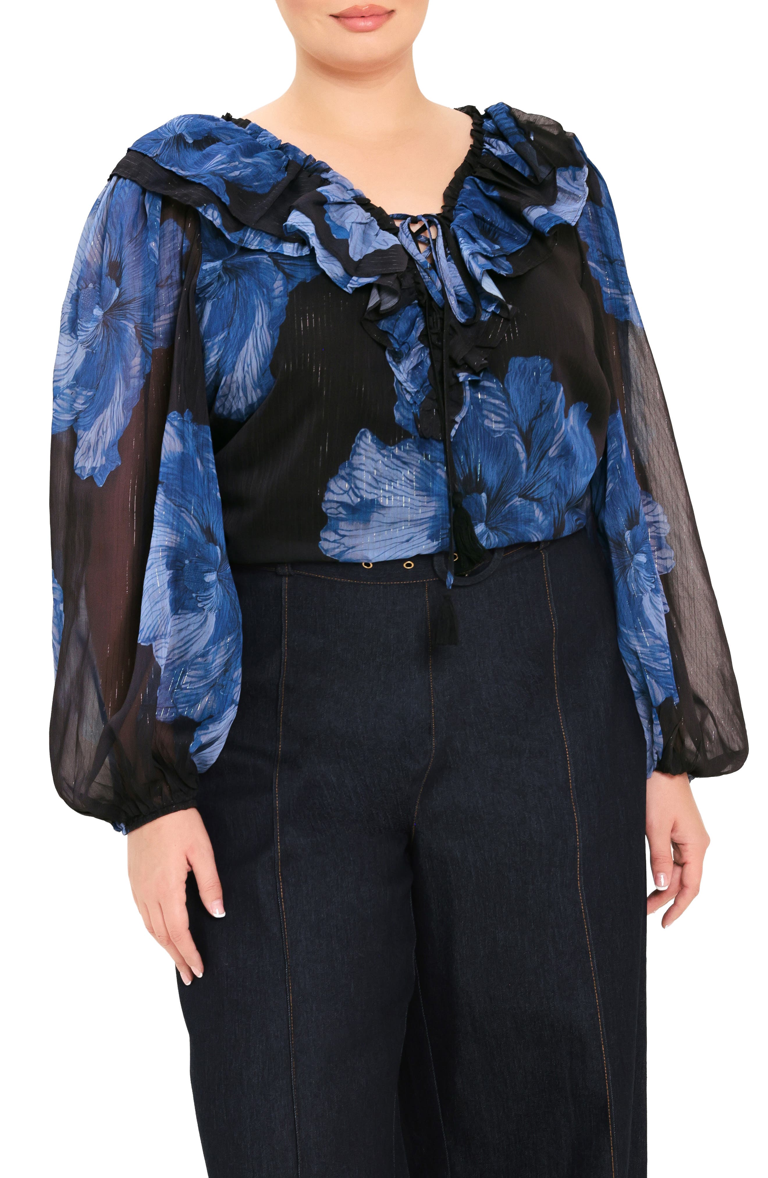 Ruffle Floral Print Balloon Sleeve Top
