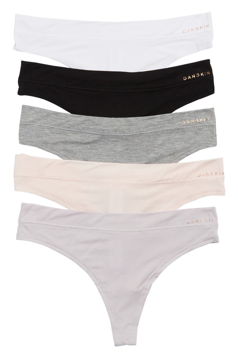 Assorted Thong Panties - Pack of 5, Main, color, LIGHT HEATHER GREY/ BLACK