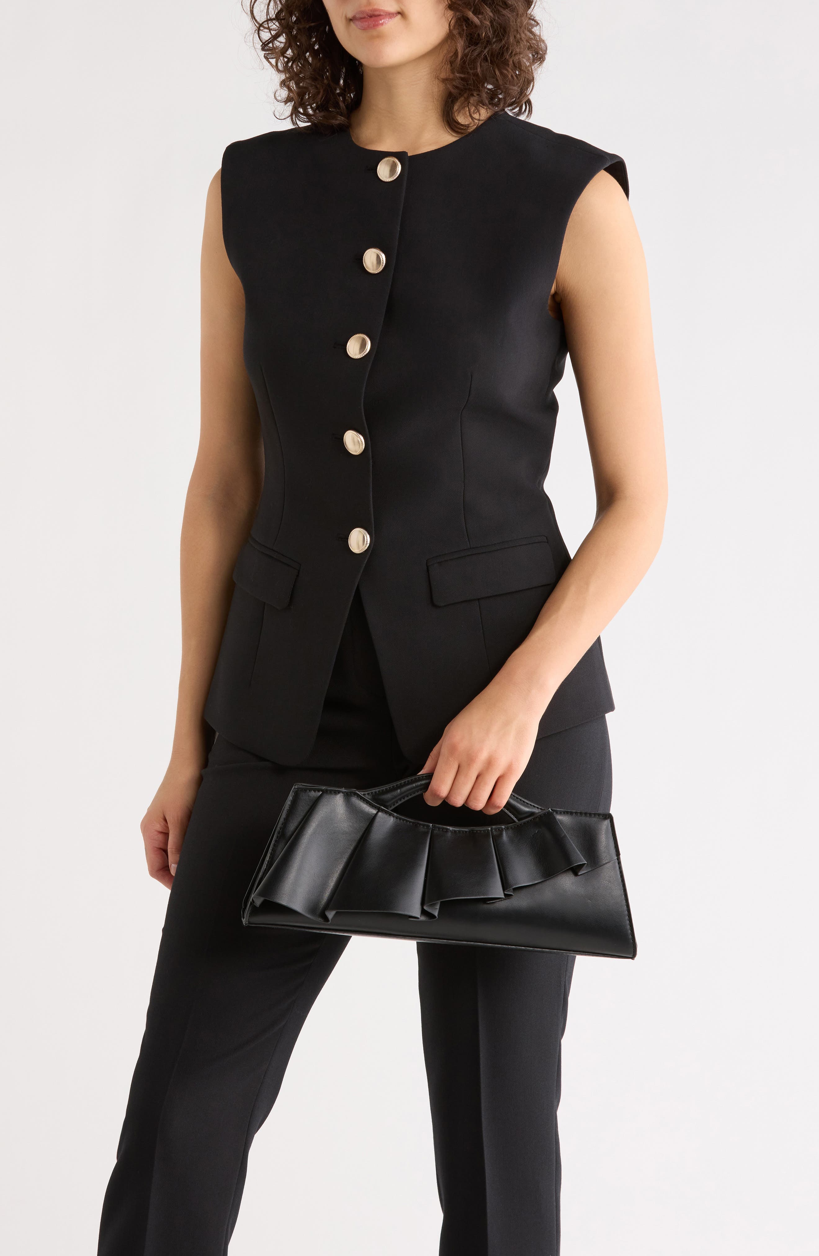 BCBG Ruffle East/West Clutch, Alternate, color, Black