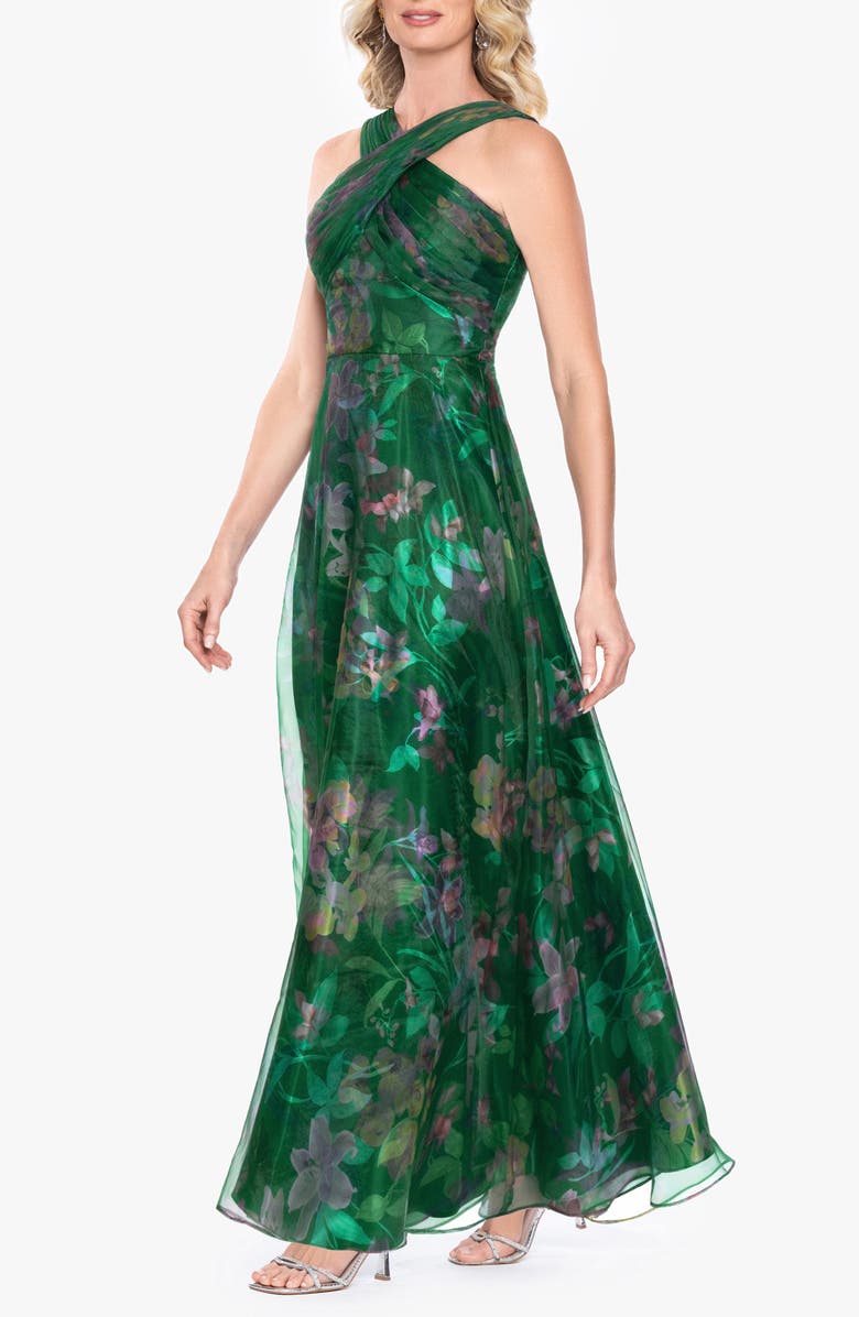 Betsy & Adam Floral Print Organza Sleeveless Gown, Alternate, color, Green/ Multi
