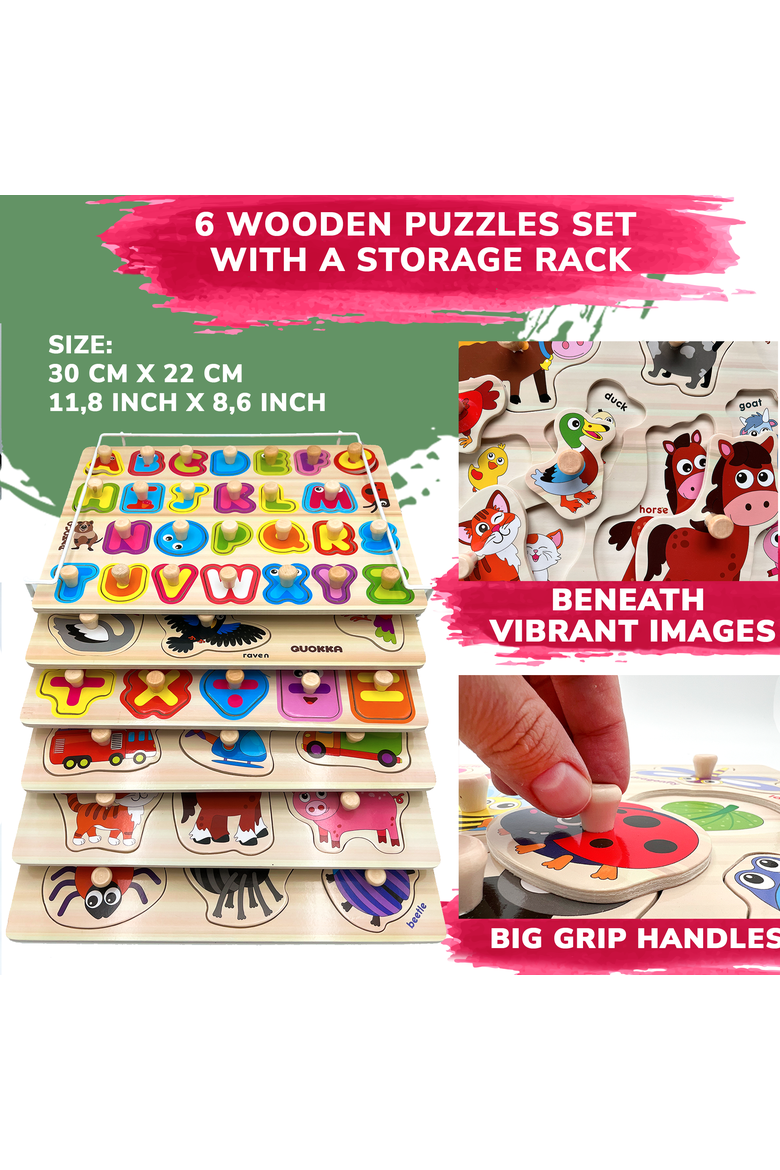Wooden Puzzle Board Set for Toddlers, Alternate, color, 6 Pegged in a Rack