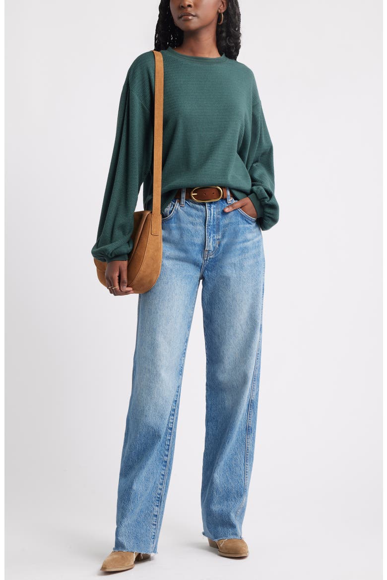 Blouson Sleeve Waffle Knit Top, Alternate, color, GREEN GABLES