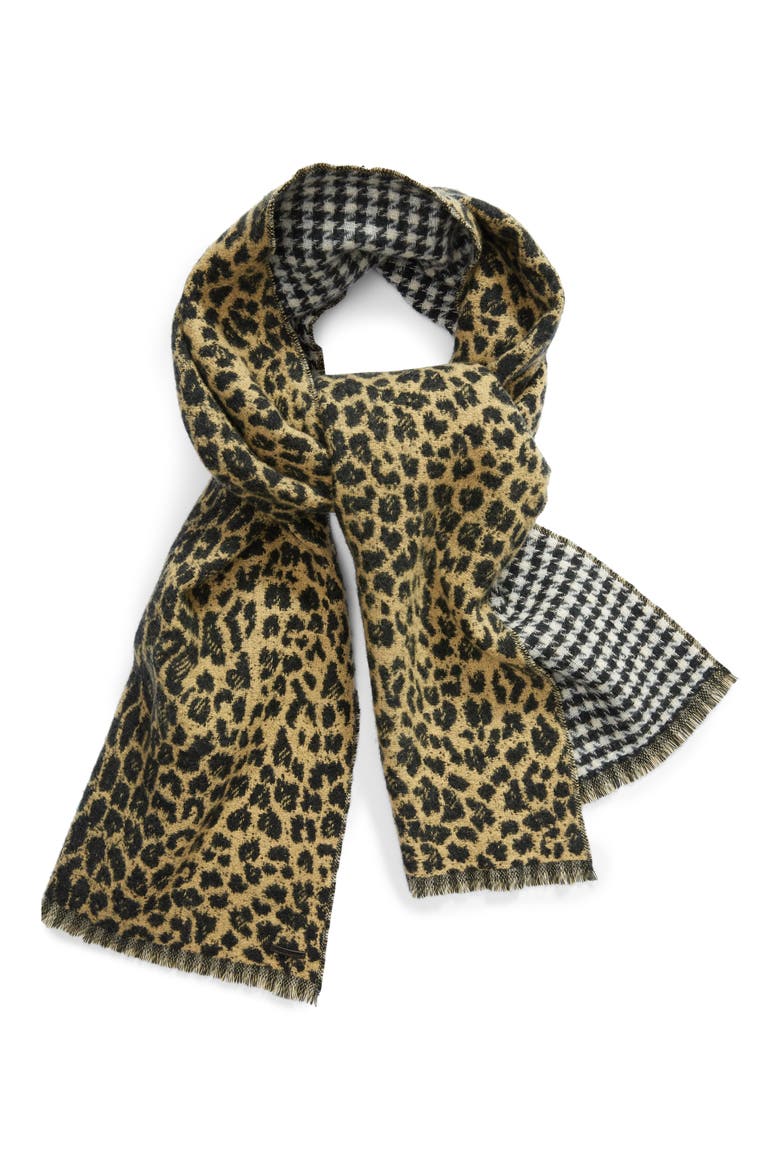 Reversible Leopard & Houndstooth Scarf, Alternate, color, BLACK