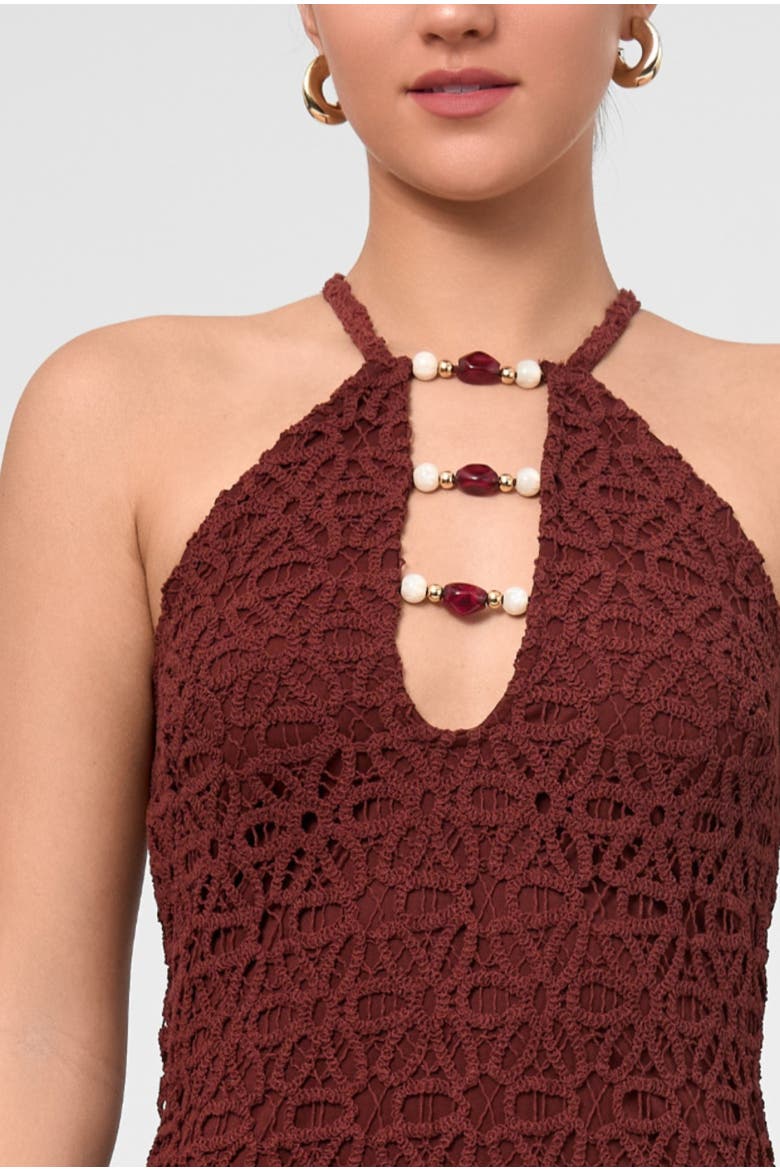 Aitana Bead Keyhole Crochet Maxi Dress, Alternate, color, Dark Red