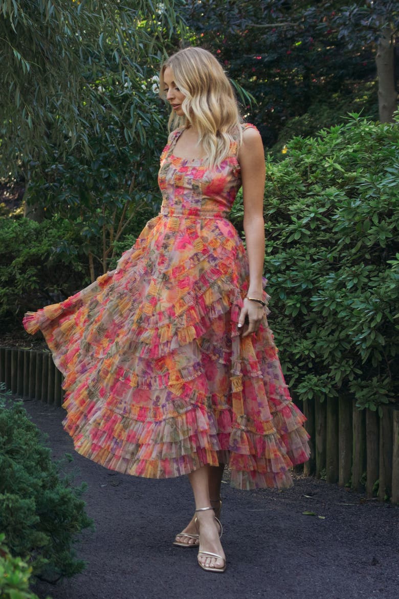 Floral Scoop Neck A-Line Ruffle Midi Dress, Alternate, color, Multi