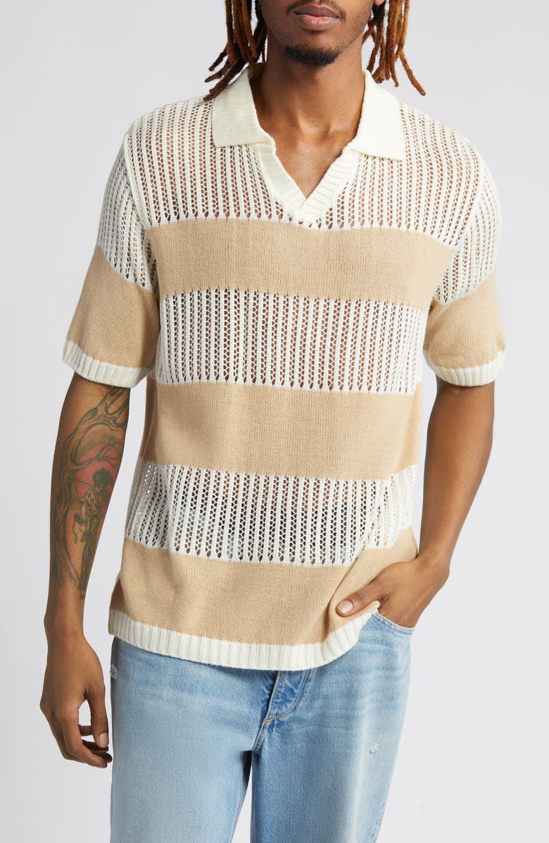 Topman Stripe Crochet Johnny Collar Polo, Main, color, 