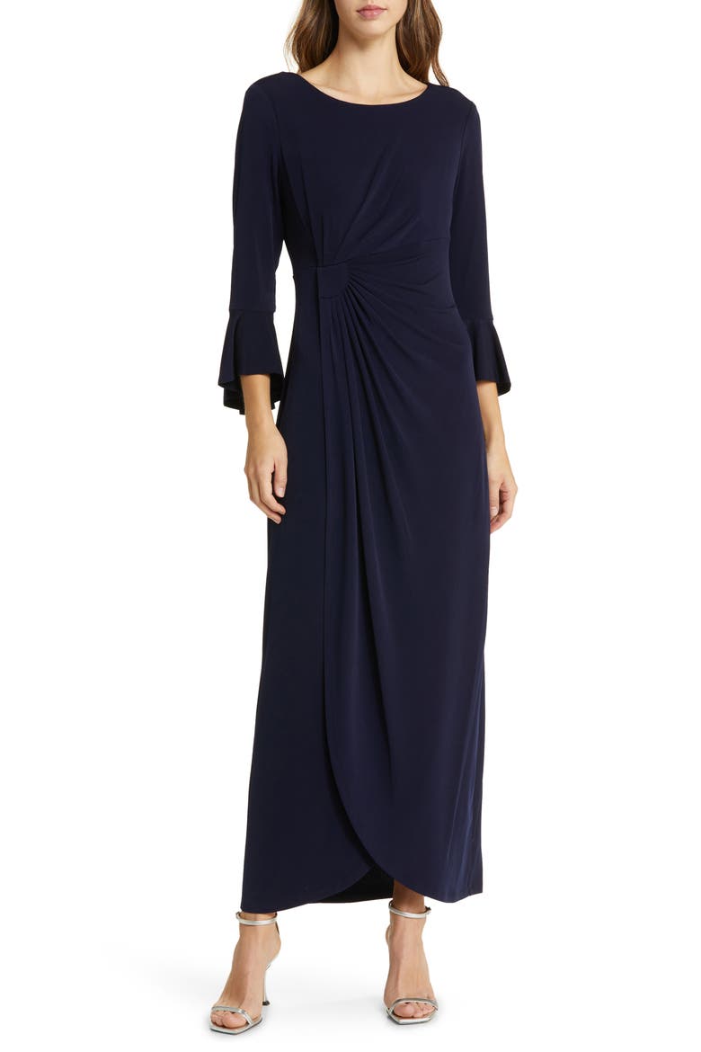 Bell Sleeve Gathered Waist Gown, Main, color, NAVY