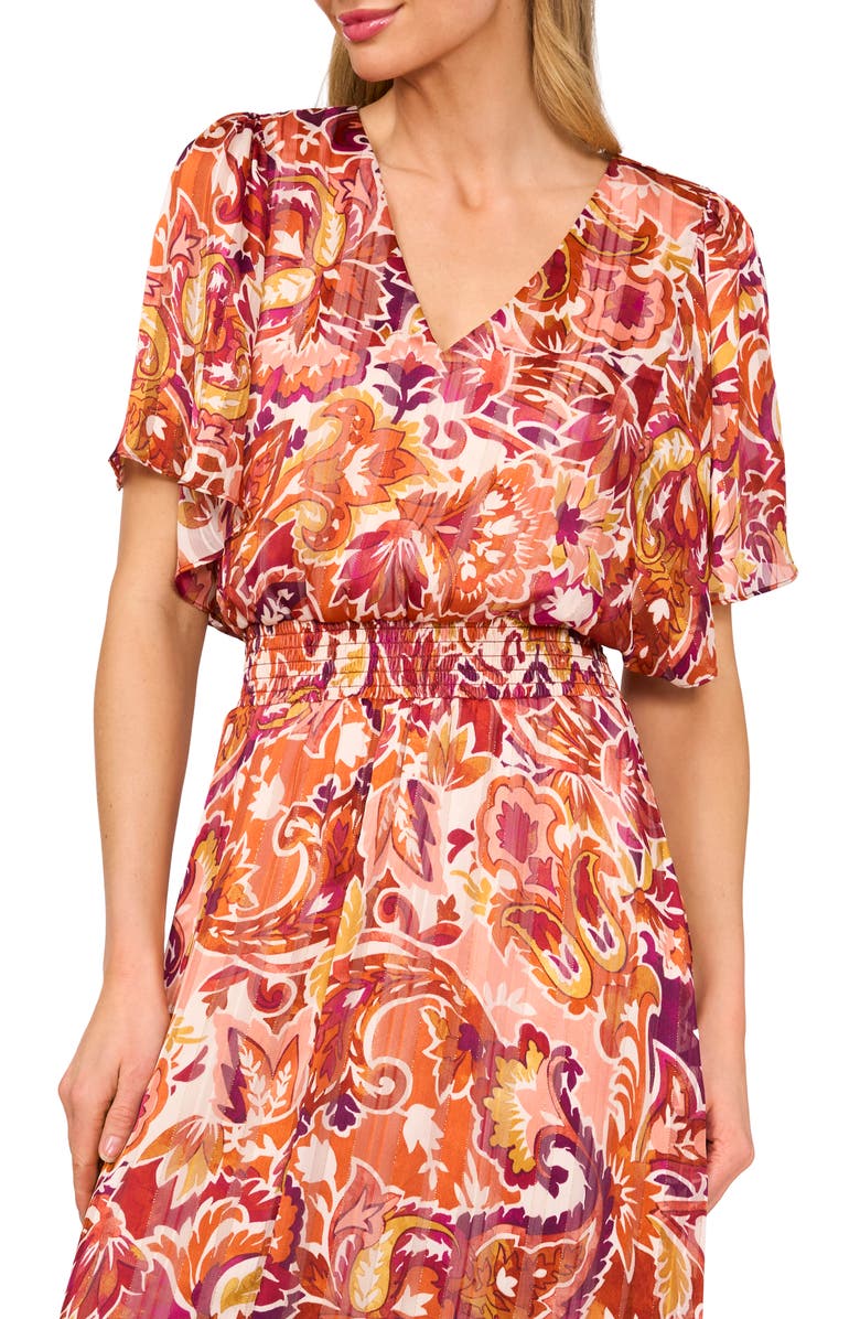 CeCe Smocked Waist Flutter Sleeve Maxi Dress, Alternate, color, Wine