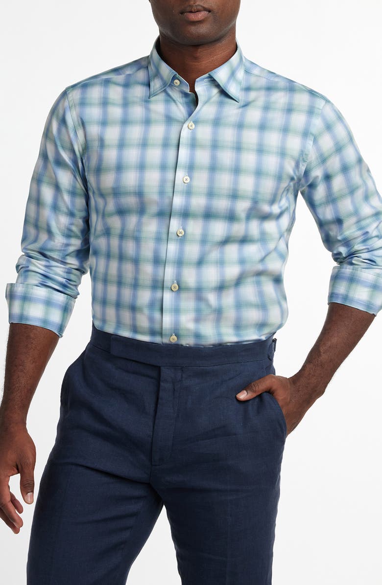David Donahue Ombré Check Cotton Twill Button-Up Shirt, Main, color, Blue/ Green