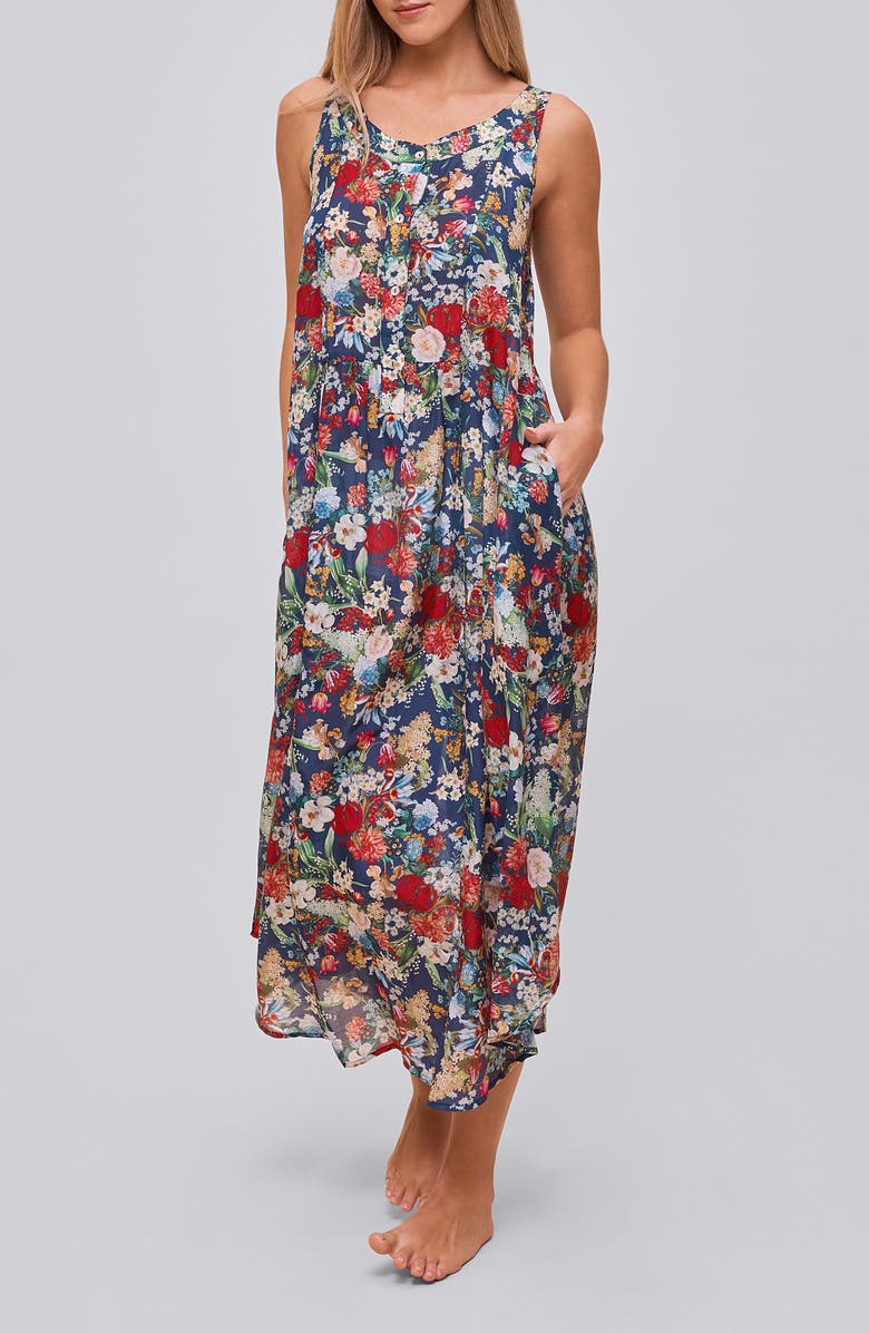 Papinelle Holly Floral Pleated Cotton Voile Nightgown, Main, color, Navy