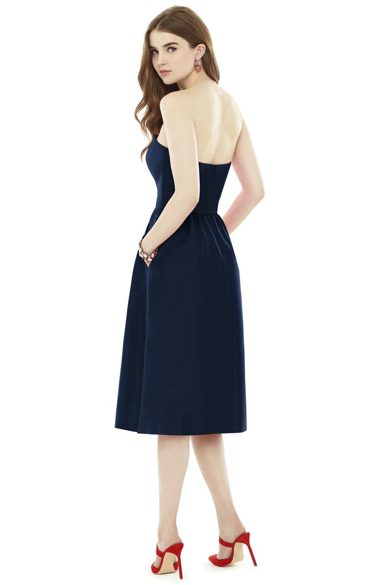 Alfred Sung Strapless Peau de Soie Midi Dress with Bow Belt, Alternate, color, 