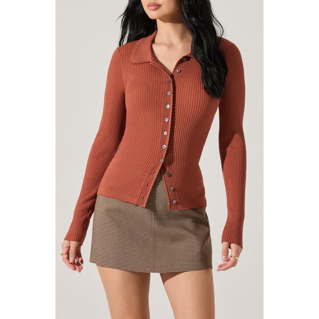 Astr The Label Keren Rib Polo Cardigan In Brown