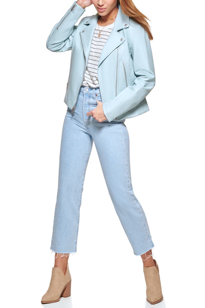 Faux Leather Moto Jacket, Alternate, color, DUSTY BLUE