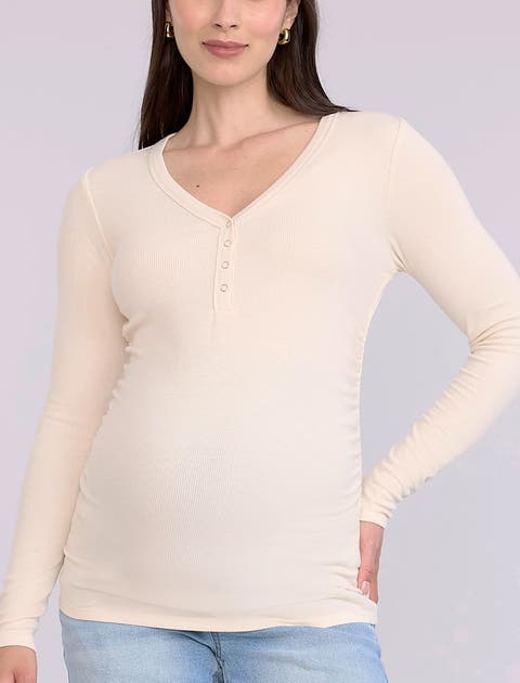 V-Neck Side-Ruched Long Sleeve Henley Tee