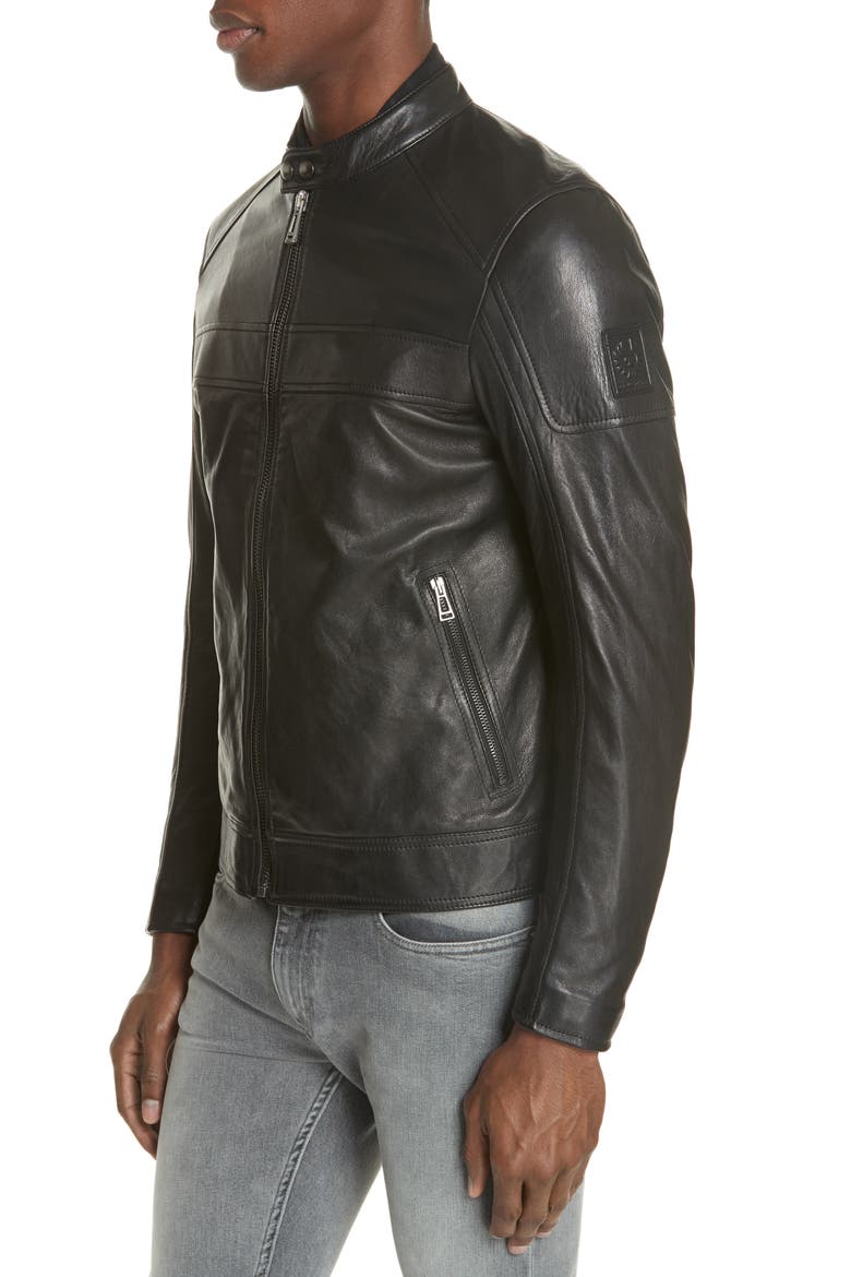 A Racer Leather Moto Jacket, Alternate, color, BLACK