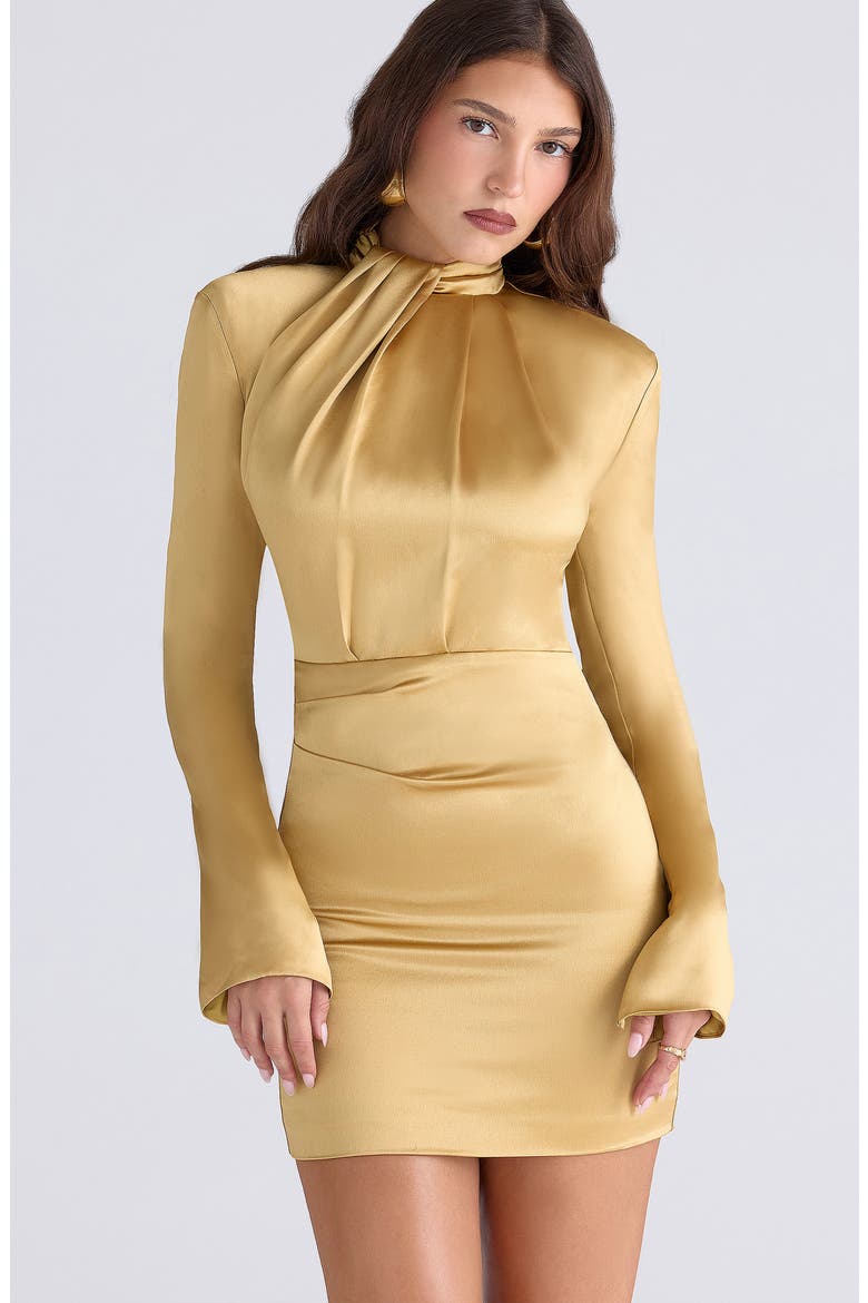 Amala Long Sleeve Satin Cocktail Minidress, Alternate, color, GOLD