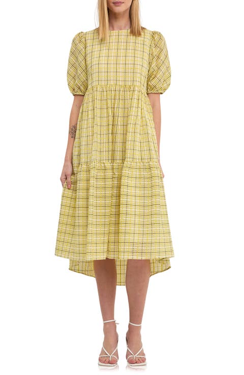Plaid Tiered Ruffle Cotton Blend Dress