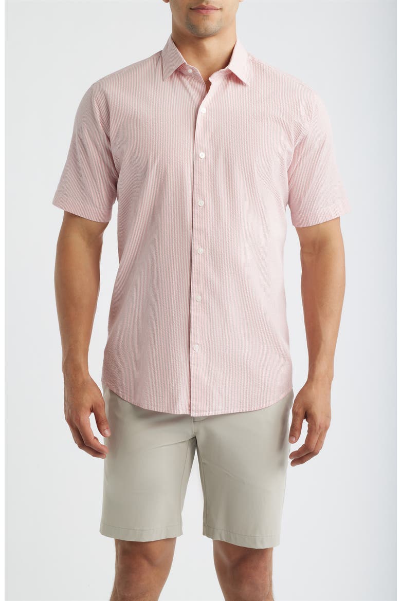 Coast Stripe Short Sleeve Cotton & Lyocell Seersucker Button-Up Shirt, Main, color, VENETIAN PINK