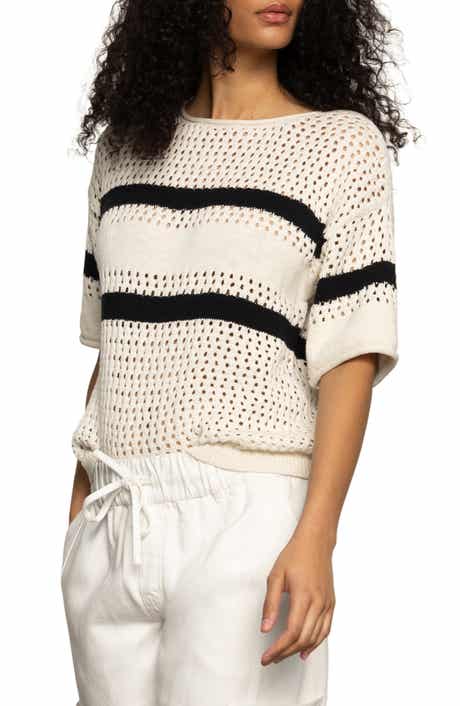 Sanctuary Stripe Open Stitch Elbow Sleeve Cotton Sweater