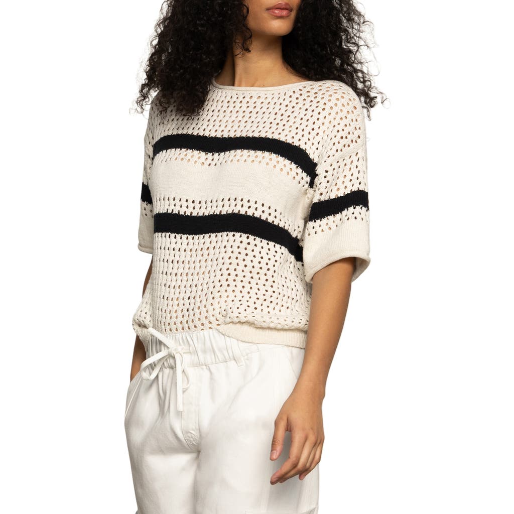 Sanctuary Stripe Open Stitch Elbow Sleeve Cotton Sweater