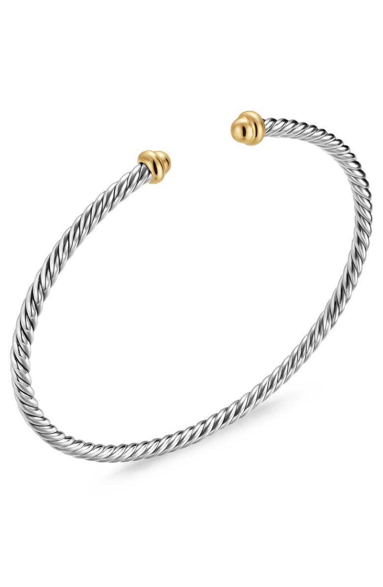 David Yurman Micro Cable Flex Sterling Silver & Yellow Gold Open Bracelet, 2.6mm, Alternate, color, Silver