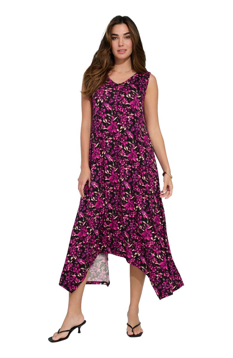 Roaman's Plus Size Stretch Knit Mid Length Sleeveless Swing Dress, Main, color, Raspberry Watercolor Flowers