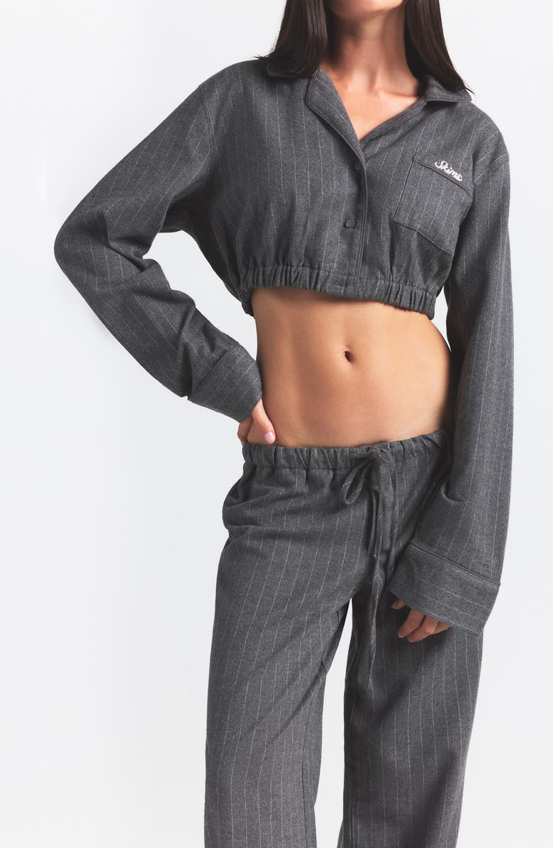 SKIMS Elevated Flannel Crop Pajamas, Alternate, color, Heather Grey Stripe