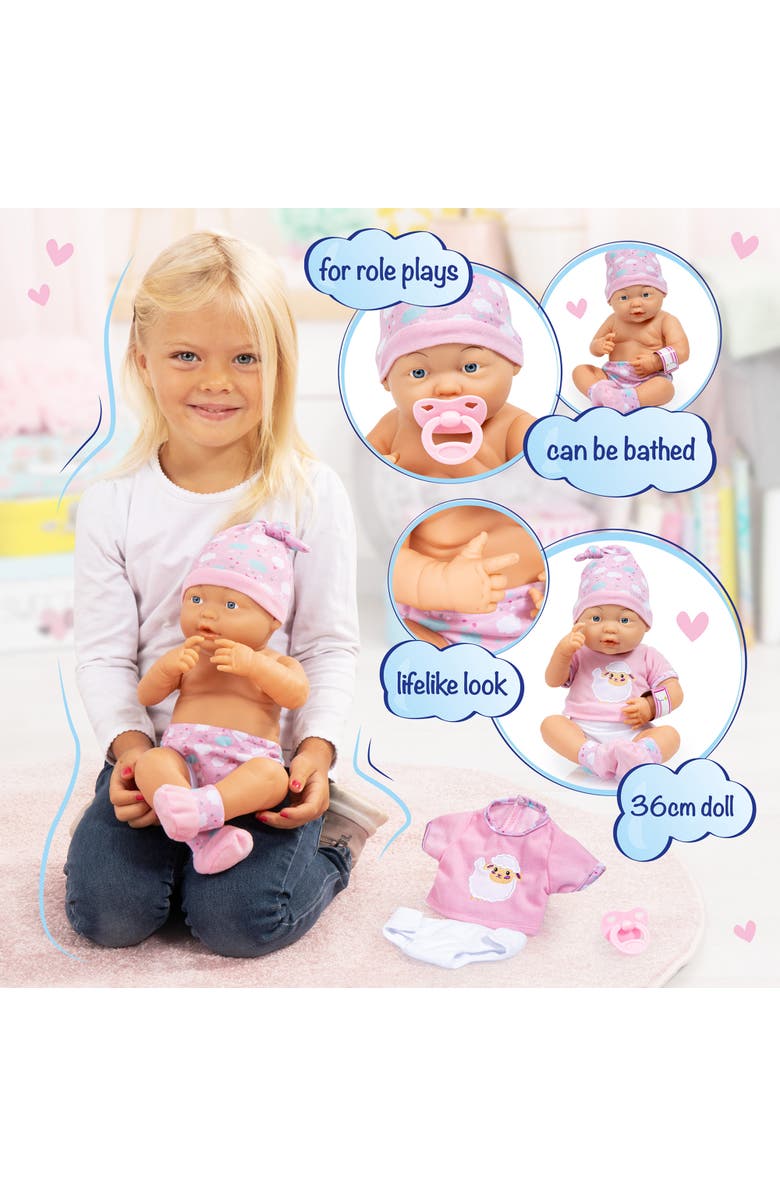 Bayer Design New Born Baby, Pink, Sheep with Outfit & Accessories, 15 Inch (38cm) Hard Body Doll, Alternate, color, Multicolored