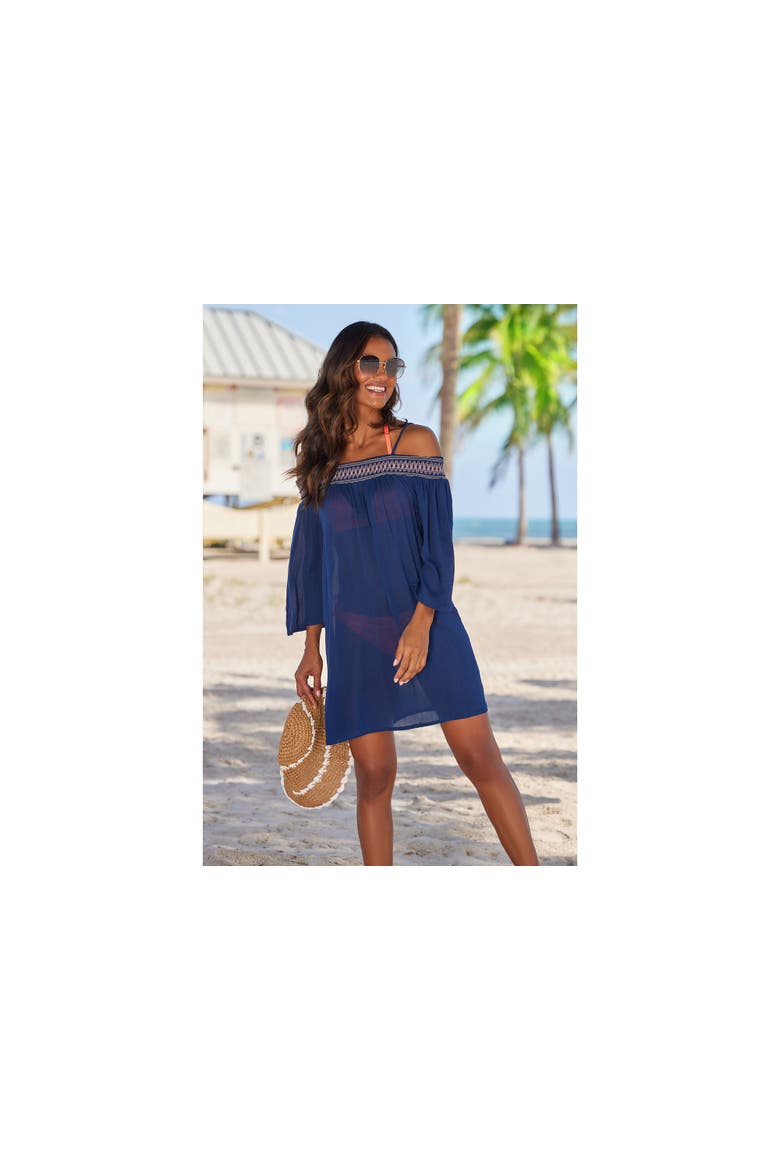 Embroidered Cold Shoulder Dress, Alternate, color, Navy