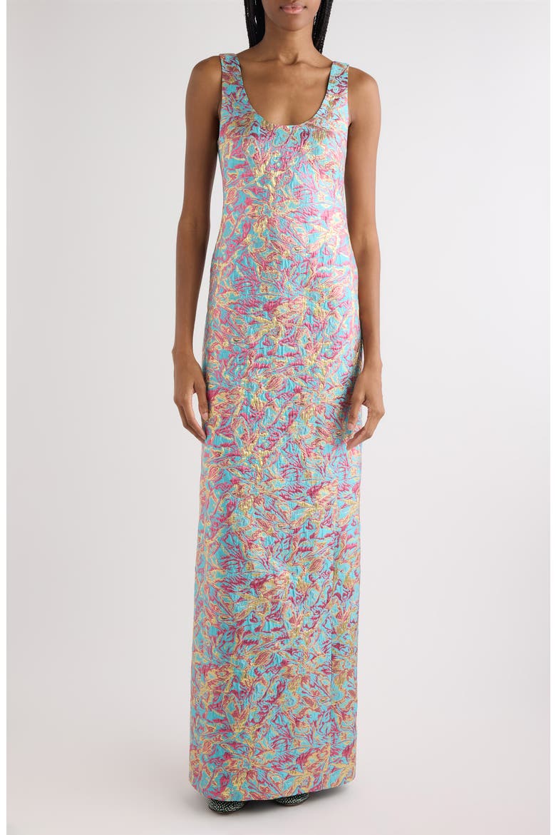 Floral Jacquard Lamé Blazer Column Dress, Main, color, TURQUOISE