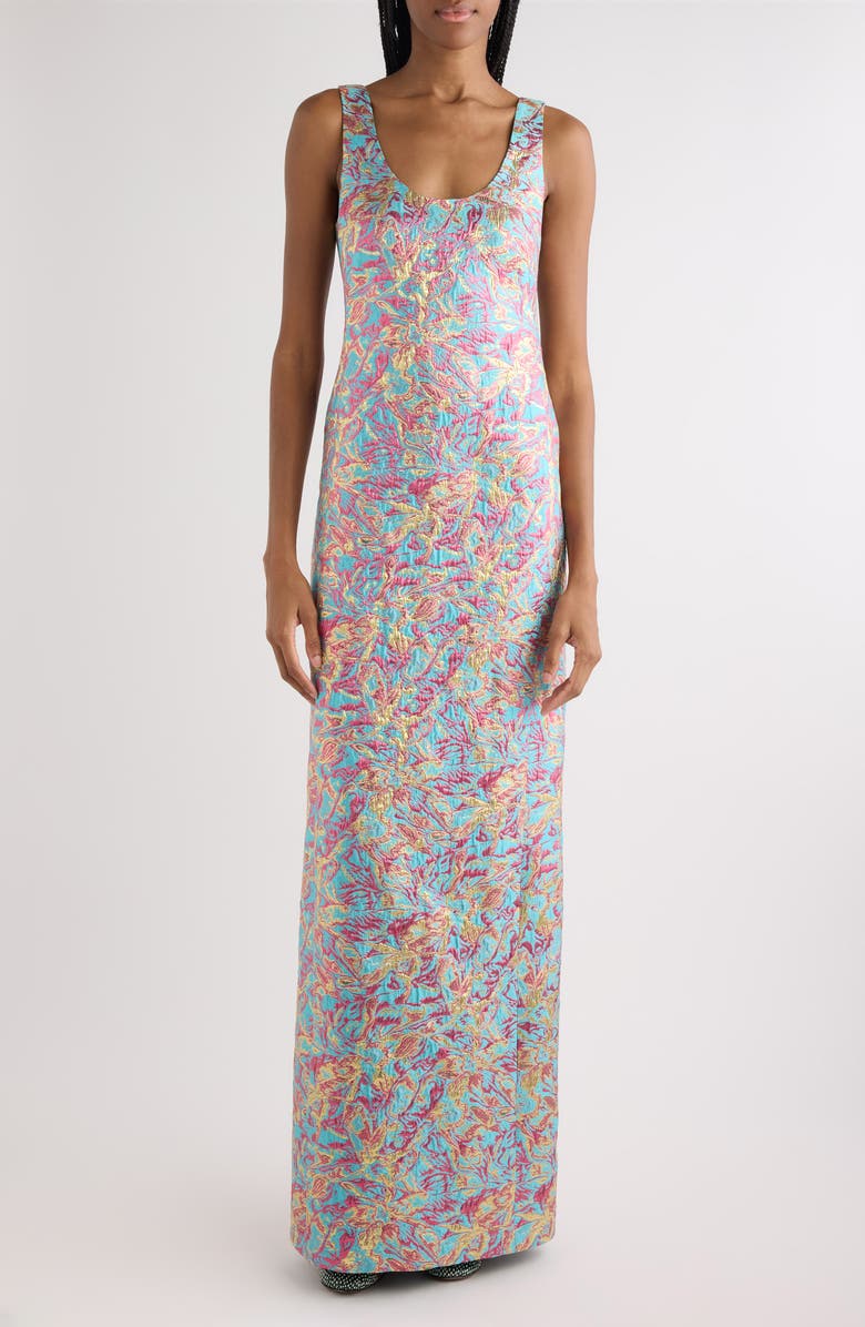 Dries Van Noten Floral Jacquard Lamé Blazer Column Dress, Main, color, Turquoise