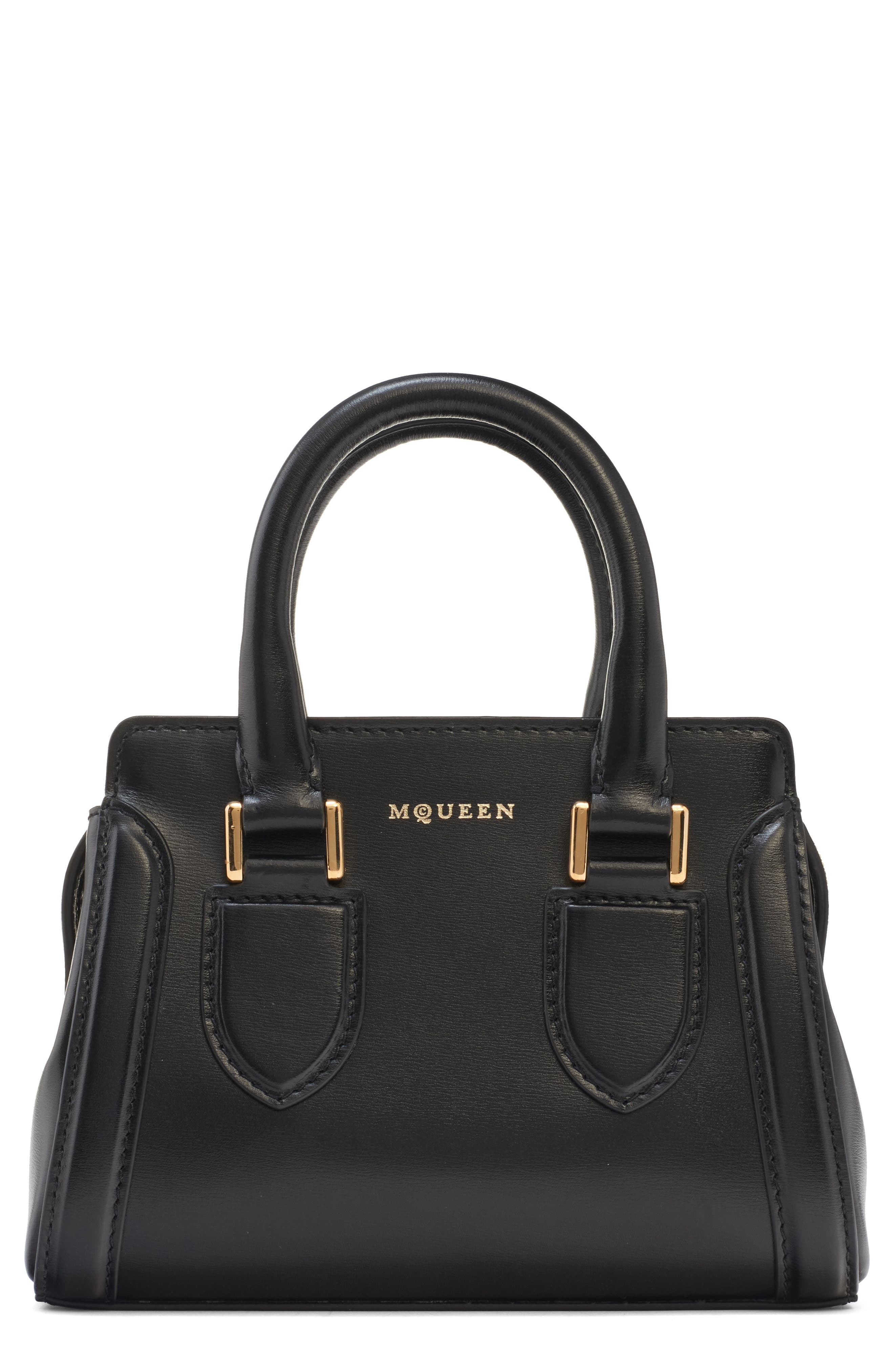 McQueen Mini Birdee Leather Top Handle Bag, Main, color, Black/ Gold