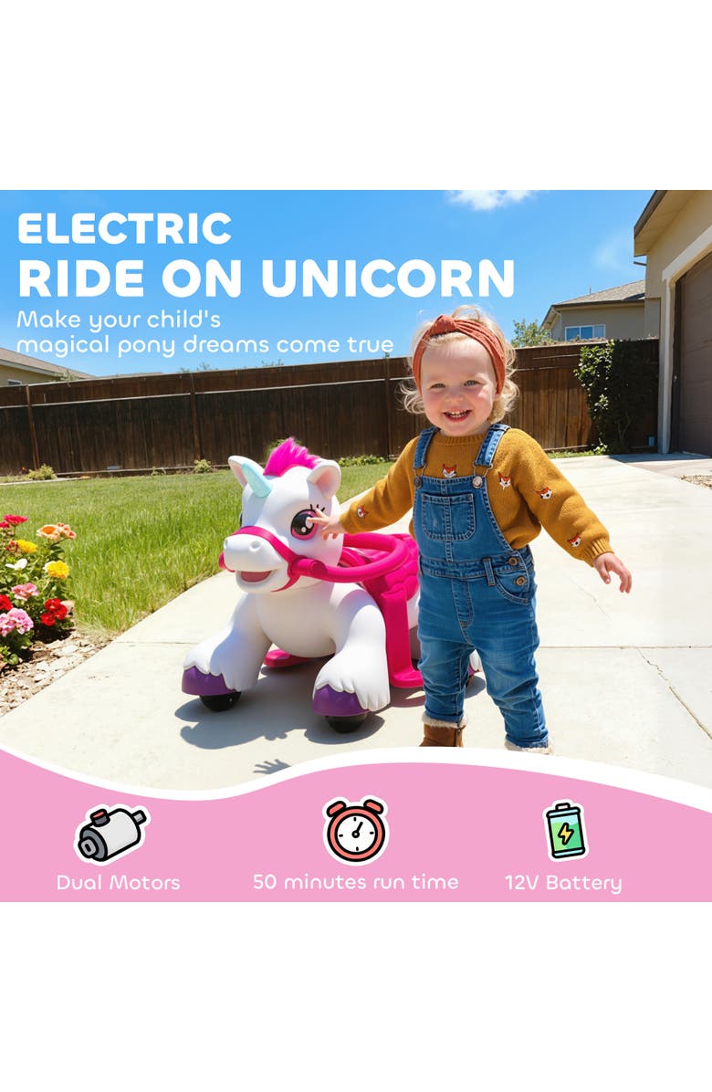 Qaba 12V Ride on Horse Battery Powered Ride on Unicorn Toy with Carrot Toy Comb Animal Sounds for Girls Boys Aged Years Old, Alternate, color, White